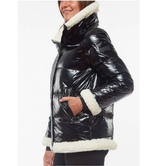 SANCTUARY Down Shearling Puffer High Shine Black Jacket Coat Sherpa Feather M - Picture 3 of 10